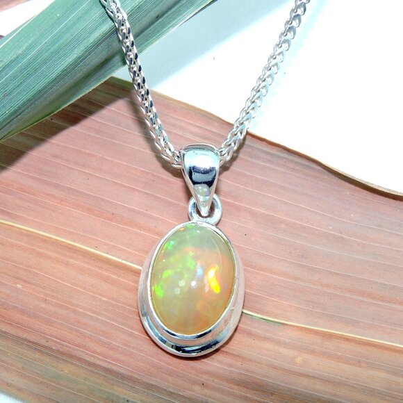 Natural Fire Opal Silver Pendant With Chain, Luxury Silver Handmade Necklace - Picture 7 of 8